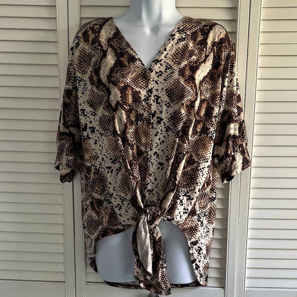 Chris & Carol Front Tie Blouse Brown Snake Skin Pattern, Size Large